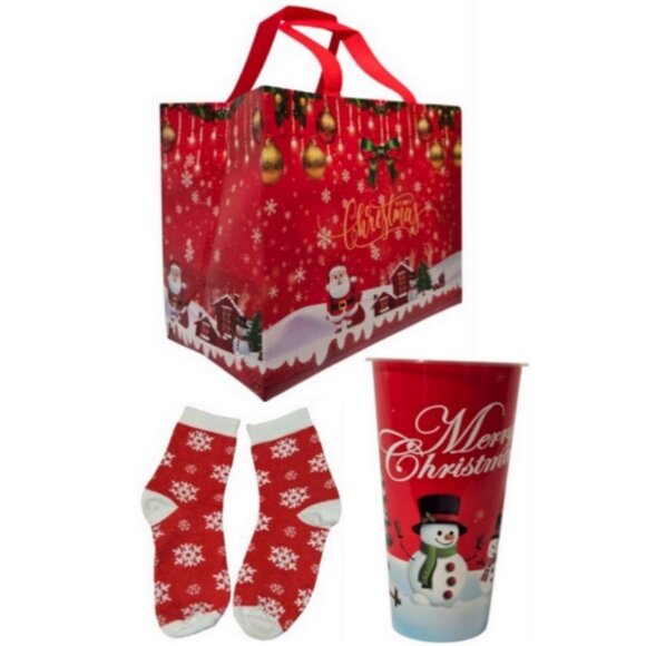 3 Pc. Christmas-Themed Large Gift Bag 1 Pair Socks Plastic Tumbler Gift Set NEW - Picture 1 of 16